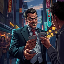 An engaging and dramatic depiction of a con man at work, showcasing his cunning personality and deceitful tactics