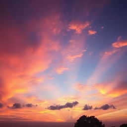 A stunning dramatic romantic sky filled with vibrant colors, swirling clouds in shades of deep orange, pink, and purple, reflecting a beautiful sunset