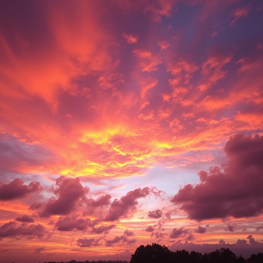 A stunning dramatic romantic sky filled with vibrant colors, swirling clouds in shades of deep orange, pink, and purple, reflecting a beautiful sunset