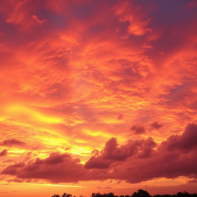A stunning dramatic romantic sky filled with vibrant colors, swirling clouds in shades of deep orange, pink, and purple, reflecting a beautiful sunset