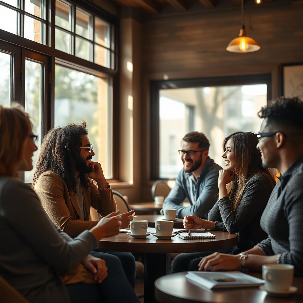 A person sitting in a cozy, well-lit café engaged in a deep conversation, using expressive body language and active listening to convey positive influence