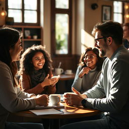 A person sitting in a cozy, well-lit café engaged in a deep conversation, using expressive body language and active listening to convey positive influence