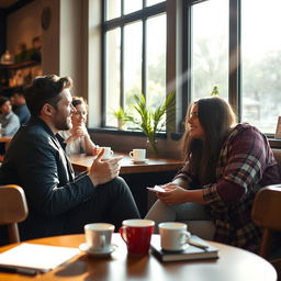 A person sitting in a cozy, well-lit café engaged in a deep conversation, using expressive body language and active listening to convey positive influence
