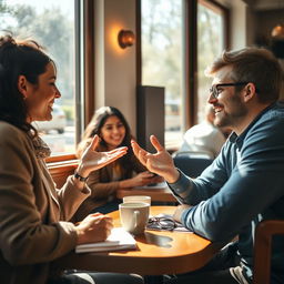 A person sitting in a cozy, well-lit café engaged in a deep conversation, using expressive body language and active listening to convey positive influence