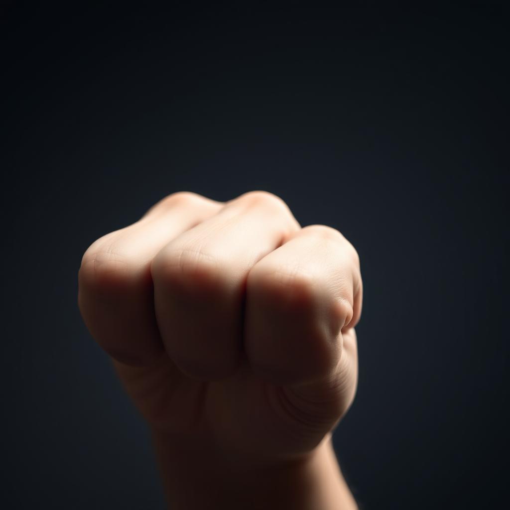 A close-up of a hand with fingers curled into a fist, showcasing strong, defined knuckles and a natural skin tone