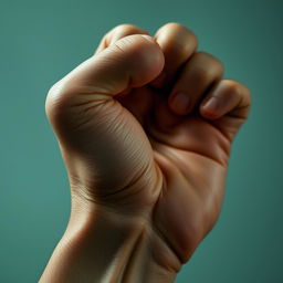 A close-up of a hand with fingers curled into a fist, showcasing strong, defined knuckles and a natural skin tone