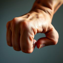 A close-up of a hand with fingers curled into a fist, showcasing strong, defined knuckles and a natural skin tone
