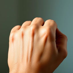 A close-up of a hand with fingers curled into a fist, showcasing strong, defined knuckles and a natural skin tone