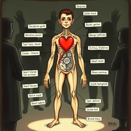 A detailed illustration of the anatomy of an impostor, showcasing both physical and metaphorical characteristics