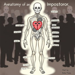 A detailed illustration of the anatomy of an impostor, showcasing both physical and metaphorical characteristics