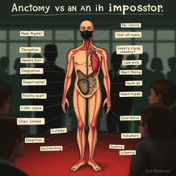 A detailed illustration of the anatomy of an impostor, showcasing both physical and metaphorical characteristics