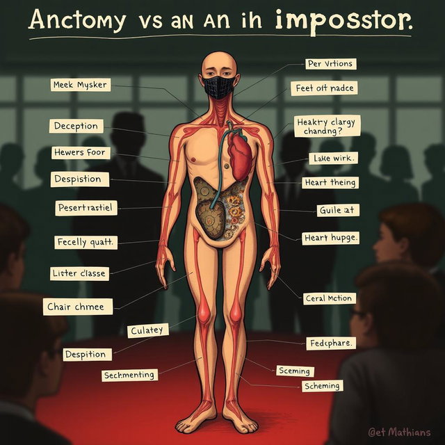 A detailed illustration of the anatomy of an impostor, showcasing both physical and metaphorical characteristics