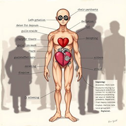 A detailed illustration of the anatomy of an impostor, showcasing both physical and metaphorical characteristics