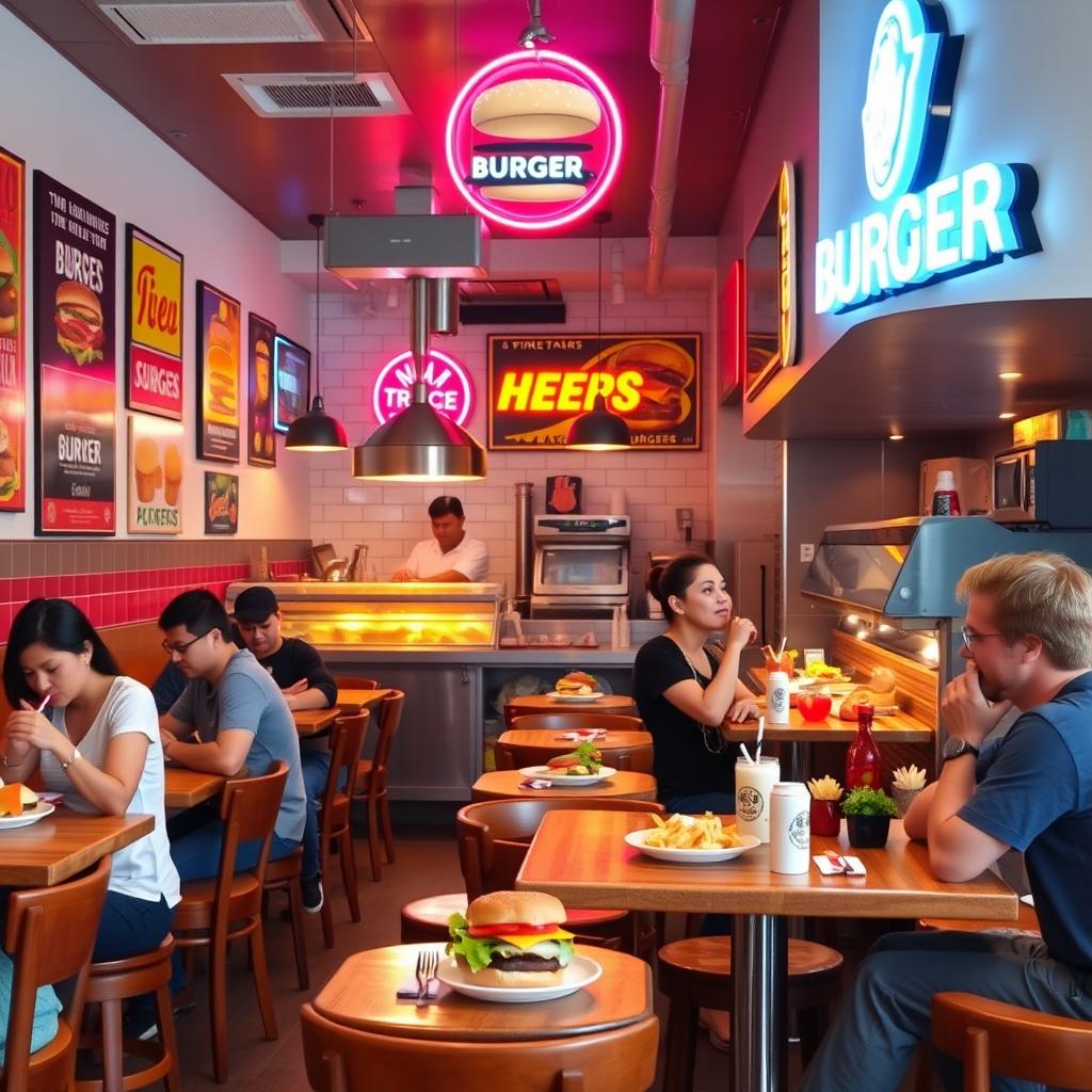 A vibrant and colorful burger shop interior, featuring clients enjoying their meals at stylish wooden tables