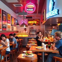 A vibrant and colorful burger shop interior, featuring clients enjoying their meals at stylish wooden tables