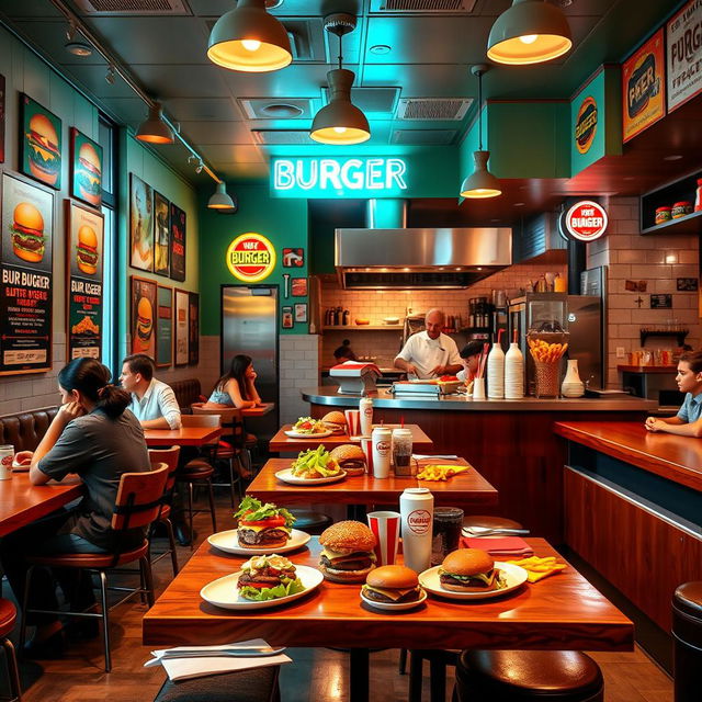 A vibrant and colorful burger shop interior, featuring clients enjoying their meals at stylish wooden tables