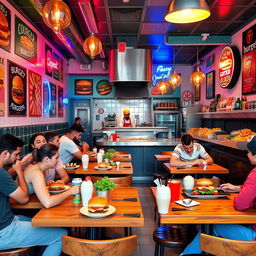 A vibrant and colorful burger shop interior, featuring clients enjoying their meals at stylish wooden tables