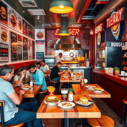 A vibrant and colorful burger shop interior, featuring clients enjoying their meals at stylish wooden tables