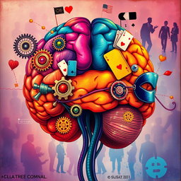 An artistic illustration of the brain of a con man, featuring vibrant colors and intricate details