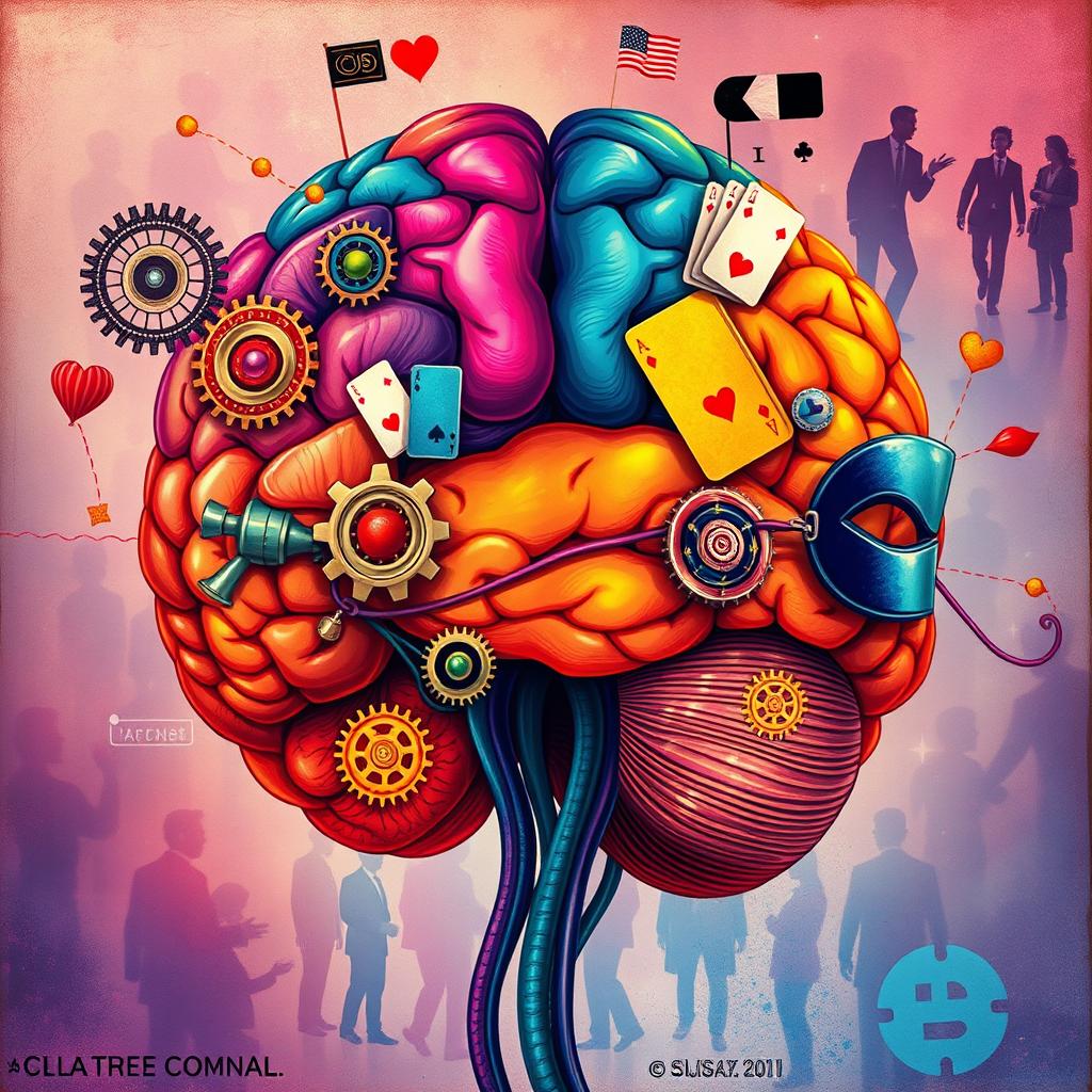 An artistic illustration of the brain of a con man, featuring vibrant colors and intricate details