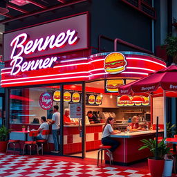A vibrant and inviting burger shop named 'Benner'
