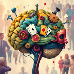 An artistic illustration of the brain of a con man, featuring vibrant colors and intricate details