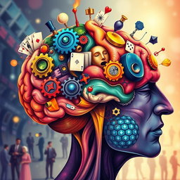 An artistic illustration of the brain of a con man, featuring vibrant colors and intricate details