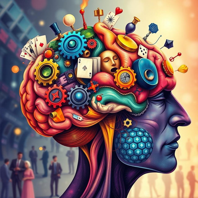An artistic illustration of the brain of a con man, featuring vibrant colors and intricate details