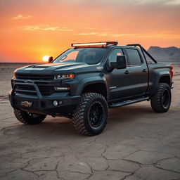 A rugged Silverado pickup truck designed in a post-apocalyptic Mad Max style, featuring a heavily modified body with armor plating, oversized mud tires, and a fierce front grille