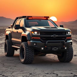 A rugged Silverado pickup truck designed in a post-apocalyptic Mad Max style, featuring a heavily modified body with armor plating, oversized mud tires, and a fierce front grille