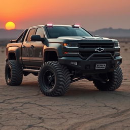 A rugged Silverado pickup truck designed in a post-apocalyptic Mad Max style, featuring a heavily modified body with armor plating, oversized mud tires, and a fierce front grille