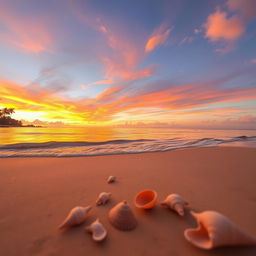 A serene beach scene at golden hour, showcasing tranquil waves gently lapping against the shore