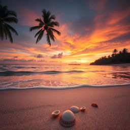 A serene beach scene at golden hour, showcasing tranquil waves gently lapping against the shore