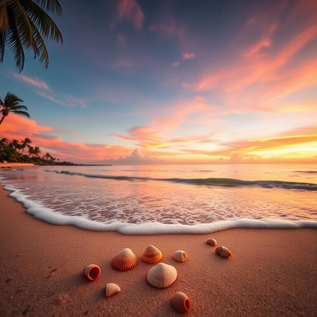 A serene beach scene at golden hour, showcasing tranquil waves gently lapping against the shore