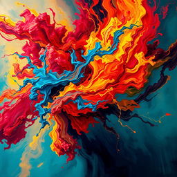 A powerful and dynamic abstract representation of raw energy, with vibrant colors swirling together in a chaotic yet harmonious way