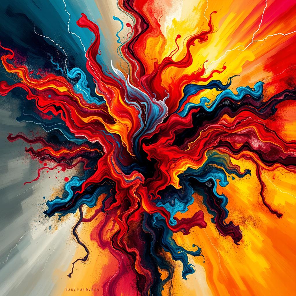 A powerful and dynamic abstract representation of raw energy, with vibrant colors swirling together in a chaotic yet harmonious way