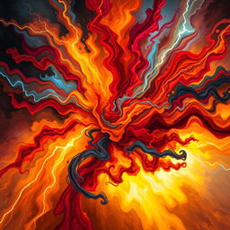 A powerful and dynamic abstract representation of raw energy, with vibrant colors swirling together in a chaotic yet harmonious way