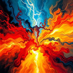 A powerful and dynamic abstract representation of raw energy, with vibrant colors swirling together in a chaotic yet harmonious way