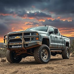 An apocalyptic scene featuring a realistic Silverado truck equipped with a robust bull bar
