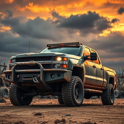 An apocalyptic scene featuring a realistic Silverado truck equipped with a robust bull bar