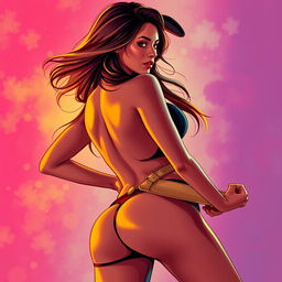 A dynamic and stylish portrayal of a woman in an artistic interpretation of the reverse cowgirl pose