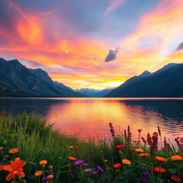 A beautifully edited photo of a serene and picturesque landscape featuring a tranquil lake surrounded by majestic mountains in the background