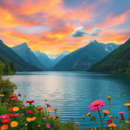 A beautifully edited photo of a serene and picturesque landscape featuring a tranquil lake surrounded by majestic mountains in the background