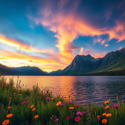 A beautifully edited photo of a serene and picturesque landscape featuring a tranquil lake surrounded by majestic mountains in the background