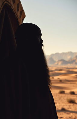 A silhouette of a black prophet Elijah with African woolly hair, slightly bald, standing outside an ancient but luxurious tent