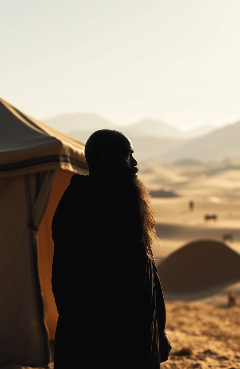 A silhouette of a black prophet Elijah with African woolly hair, slightly bald, standing outside an ancient but luxurious tent