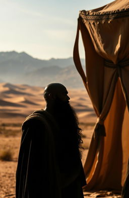 A silhouette of a black prophet Elijah with African woolly hair, slightly bald, standing outside an ancient but luxurious tent