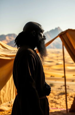 A silhouette of a black prophet Elijah with African woolly hair, slightly bald, standing outside an ancient but luxurious tent