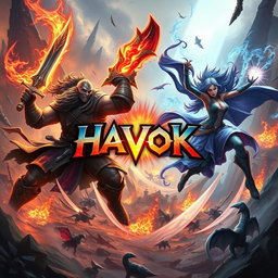 A dynamic and immersive gaming scene featuring an intense battle between fantasy warriors in a vivid fantasy world
