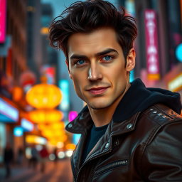 A handsome man with strong facial features, deep blue eyes, and tousled dark hair, wearing a stylish leather jacket